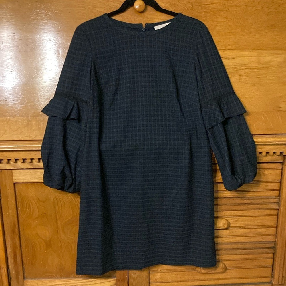LOFT Plaid Ruffle Puff Sleeve Shift Dress Ladder Lace Dark Academia 6 NEW Preppy